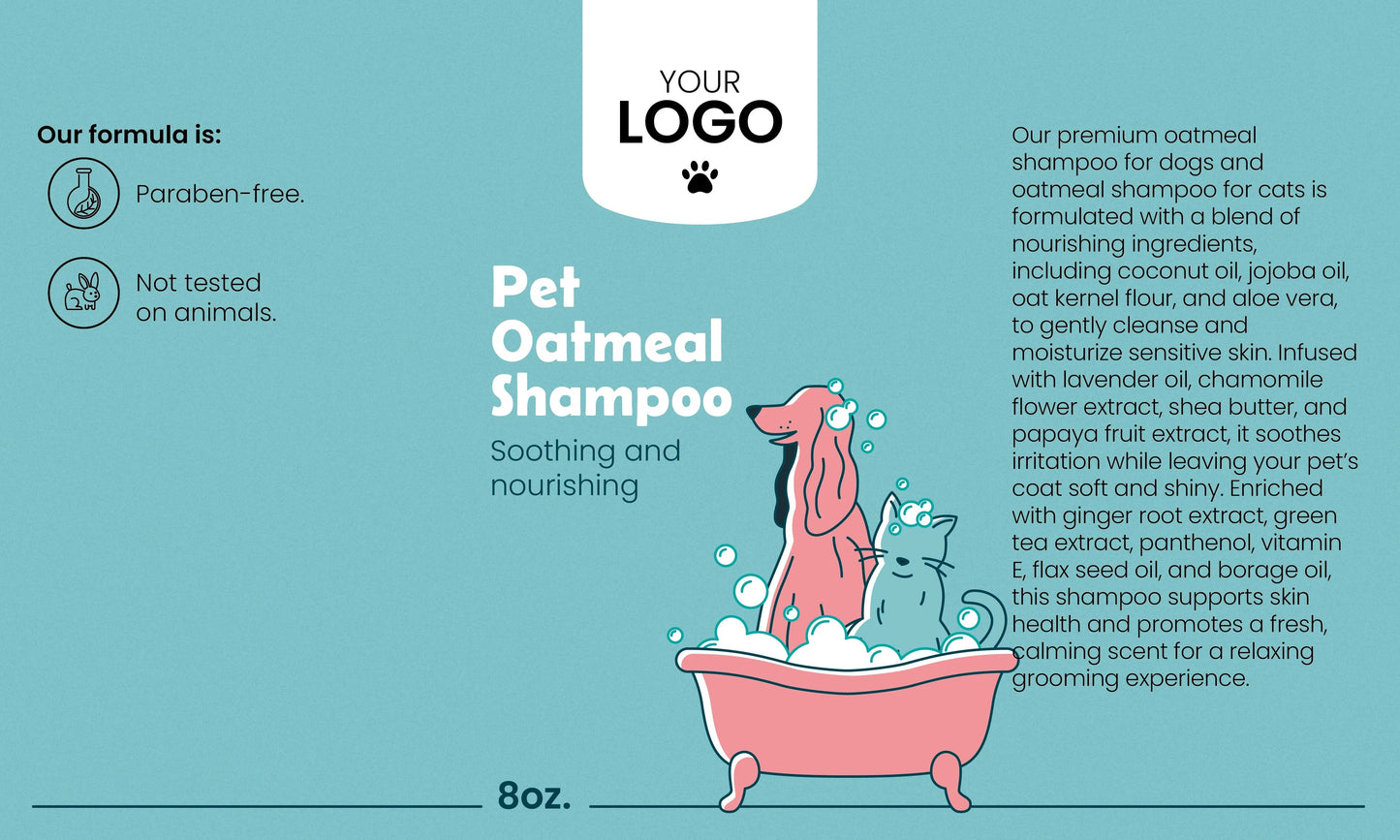 Pet oatmeal shampoo packaging with cartoon dog and cat in a bath by bonnet cosmetics