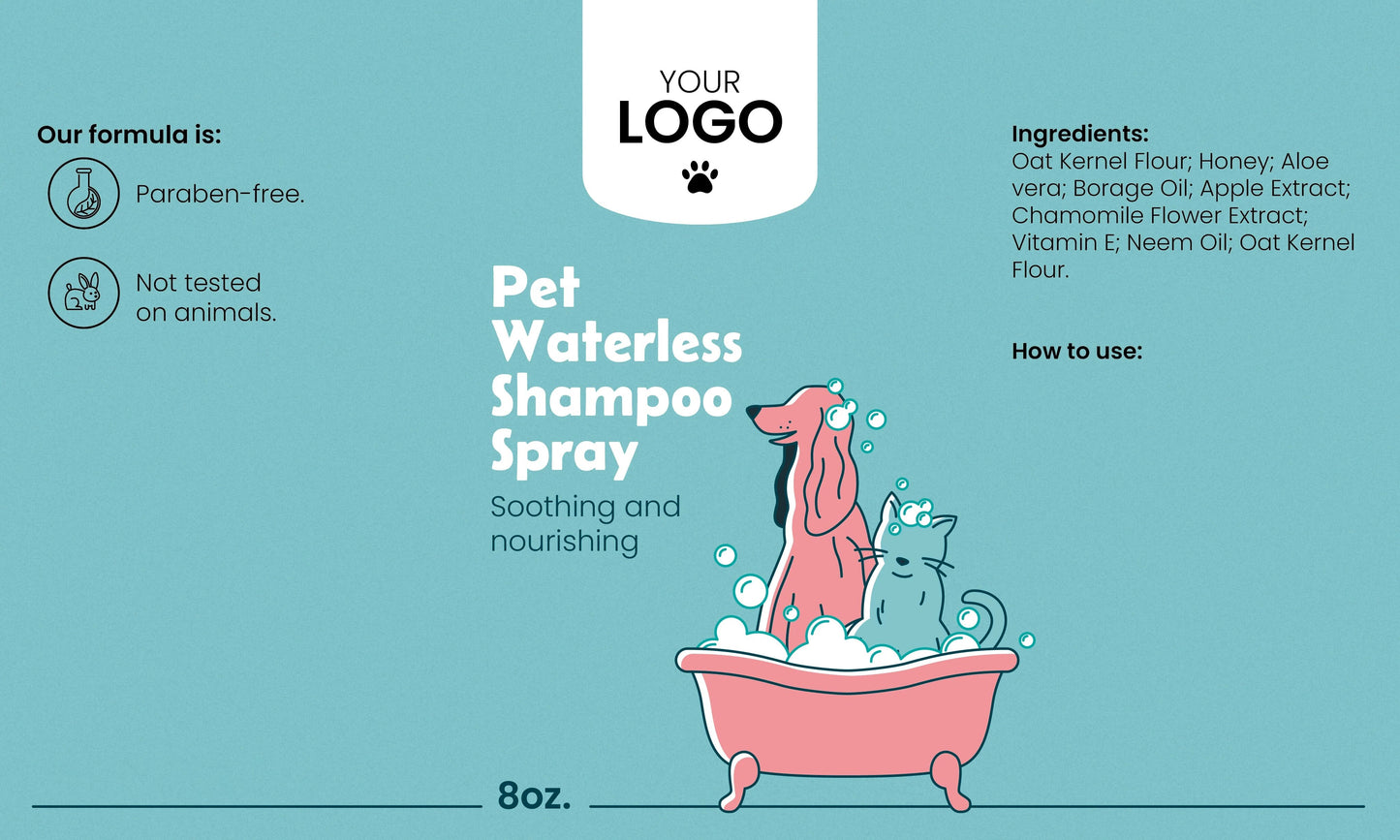 Pet waterless shampoo spray packaging with cartoon dog and cat in a bath, blue background, and space for branding.