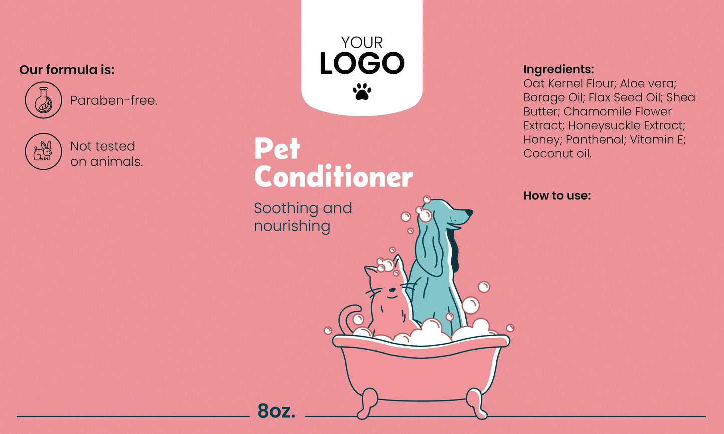 Pet conditioner packaging with cartoon dog and cat in a bath, space for branding and product details.